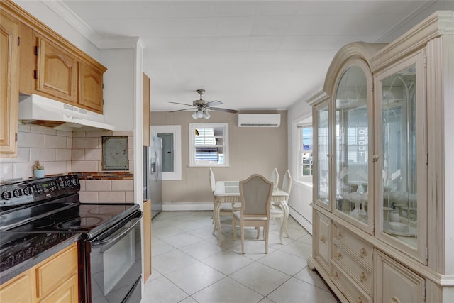 31 Clover Ln, Levittown, NY 11756 - kitchen with black range with electric stovetop, under cabinet range hood, a wall mounted air conditioner, tasteful backsplash, and a baseboard heating unit