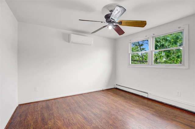 31 Clover Ln, Levittown, NY 11756 - empty room with an AC wall unit, a baseboard heating unit, wood finished floors, a ceiling fan, and baseboards