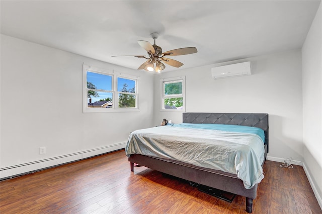 31 Clover Ln, Levittown, NY 11756 - bedroom with a wall mounted AC, a baseboard heating unit, hardwood / wood-style flooring, baseboards, and ceiling fan