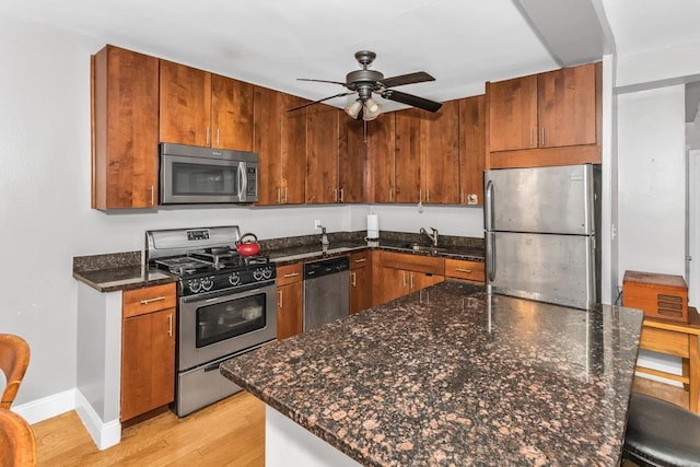 12427 Flatlands Ave Unit 1A, Brooklyn, NY 11208 - kitchen featuring stainless steel appliances, ceiling fan, light wood-type flooring, baseboards, and a sink