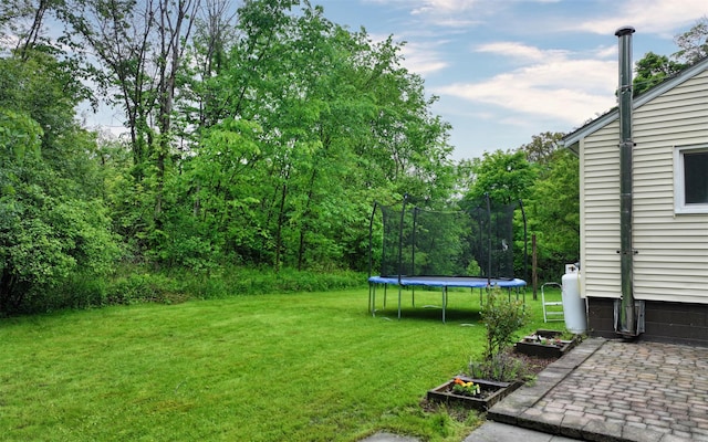 9 Chapel Rd, Newburgh, NY 12550 - view of grassy yard featuring a trampoline and a patio