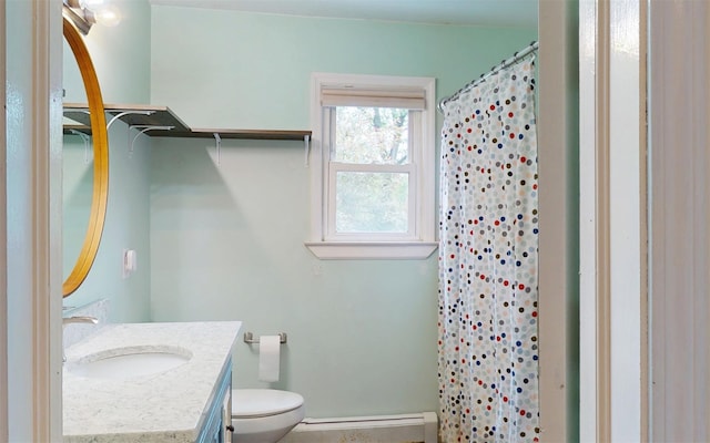 9 Chapel Rd, Newburgh, NY 12550 - bathroom featuring a baseboard heating unit, vanity, toilet, and curtained shower