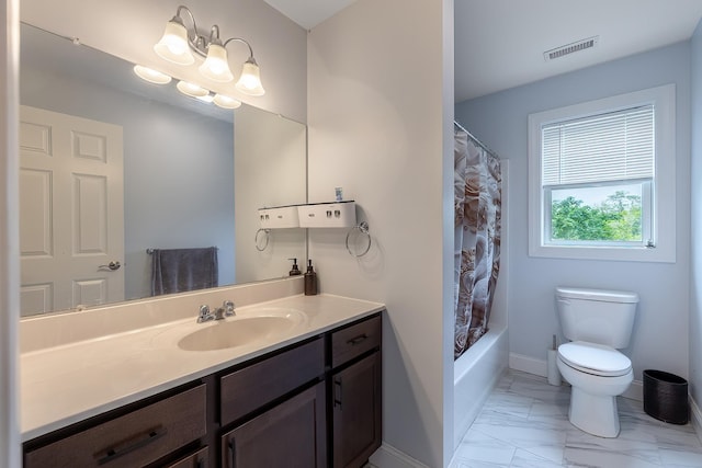 5 Teramar Way, White Plains, NY 10607 - bathroom with marble look tile flooring, toilet, vanity, baseboards, and shower / bathtub combination with curtain