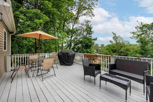 5 Teramar Way, White Plains, NY 10607 - wooden terrace with an outdoor living space, outdoor dining area, and view of scattered trees
