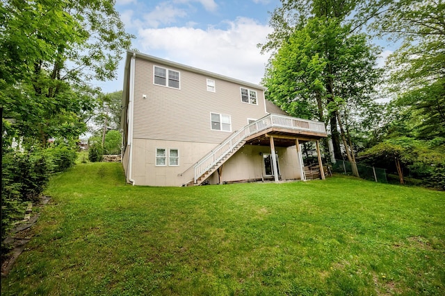 5 Teramar Way, White Plains, NY 10607 - back of house with stairway, a wooden deck, and a lawn