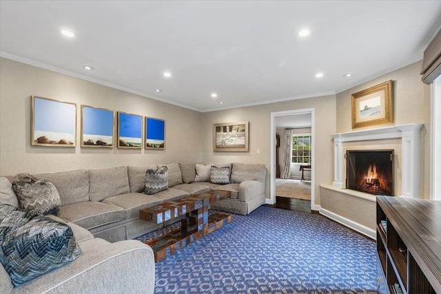 35 Seville Ave, Rye, NY 10580 - carpeted living room with ornamental molding, recessed lighting, a lit fireplace, and baseboards