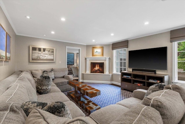 35 Seville Ave, Rye, NY 10580 - living room with recessed lighting, a high end fireplace, crown molding, and baseboards