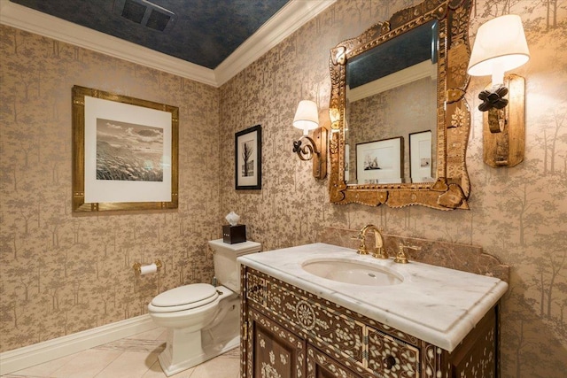 35 Seville Ave, Rye, NY 10580 - bathroom with ornamental molding, baseboards, toilet, vanity, and wallpapered walls