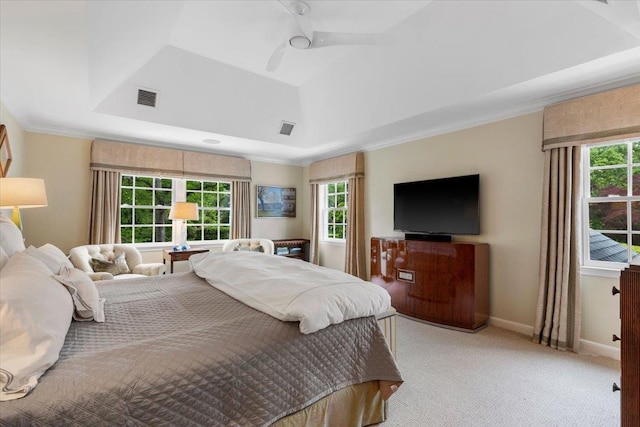 35 Seville Ave, Rye, NY 10580 - carpeted bedroom featuring a raised ceiling, a ceiling fan, crown molding, and baseboards