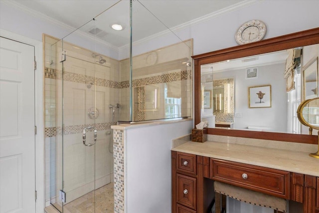 35 Seville Ave, Rye, NY 10580 - bathroom featuring crown molding, a stall shower, and vanity