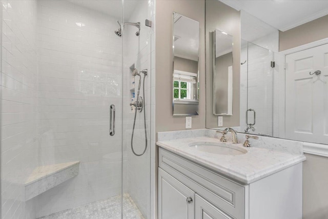 35 Seville Ave, Rye, NY 10580 - bathroom featuring a shower stall, crown molding, and vanity