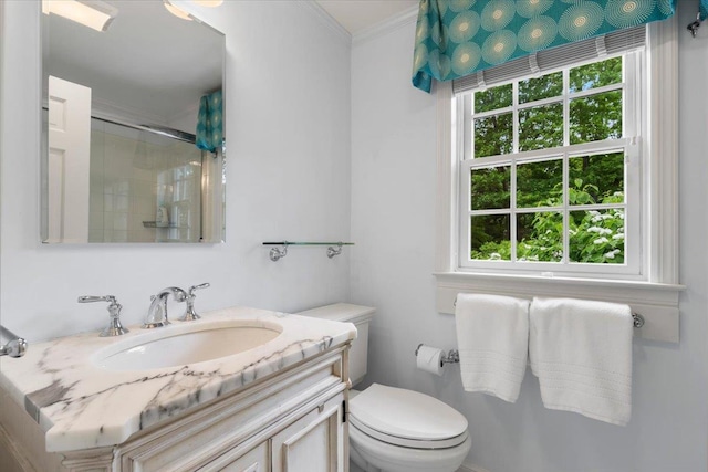 35 Seville Ave, Rye, NY 10580 - bathroom with a shower, toilet, healthy amount of natural light, ornamental molding, and vanity