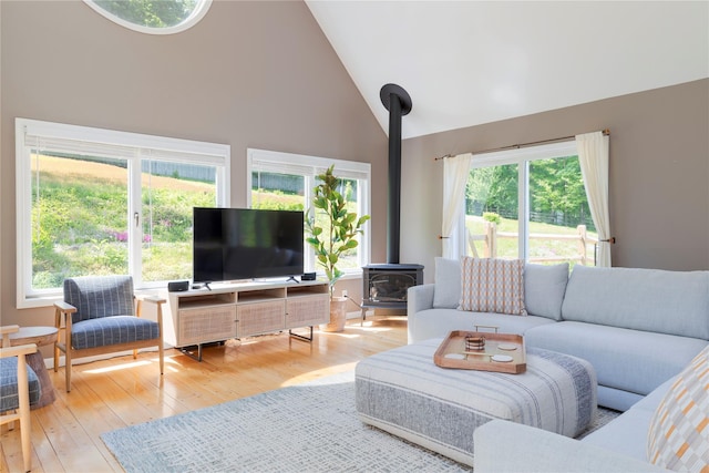 135 Turk Hill Rd, Carmel, NY 10509 - living area with high vaulted ceiling, a wood stove, wood-type flooring, and plenty of natural light