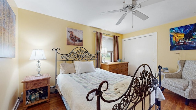 3 Byram Ridge Rd S, Armonk, NY 10504 - bedroom with wood finished floors, a baseboard radiator, and a ceiling fan