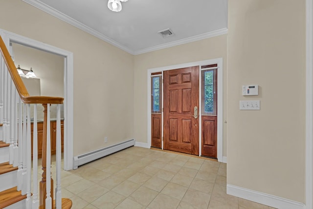 9 Joseph Bow Ct, Pearl River, NY 10965 - foyer entrance with baseboard heating, stairway, crown molding, and light tile patterned floors