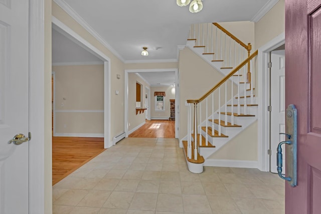 9 Joseph Bow Ct, Pearl River, NY 10965 - foyer featuring a baseboard heating unit, ornamental molding, stairs, and light tile patterned floors
