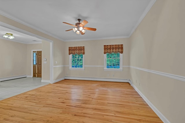 9 Joseph Bow Ct, Pearl River, NY 10965 - unfurnished room featuring a ceiling fan, light wood-style floors, a baseboard heating unit, baseboard heating, and ornamental molding