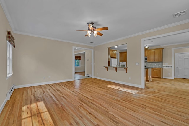 9 Joseph Bow Ct, Pearl River, NY 10965 - unfurnished living room featuring baseboard heating, a baseboard radiator, light wood-style floors, ceiling fan, and ornamental molding