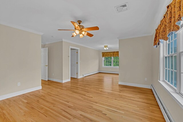 9 Joseph Bow Ct, Pearl River, NY 10965 - unfurnished living room featuring a baseboard heating unit, a ceiling fan, light wood-style flooring, a baseboard radiator, and ornamental molding