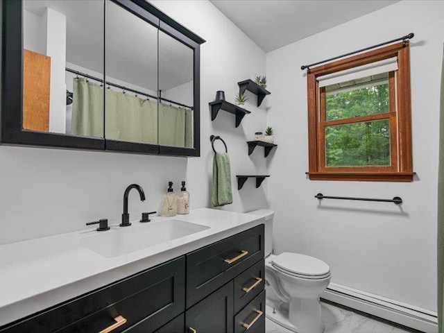 708 Kirbytown Rd, Middletown, NY 10940 - full bath featuring a baseboard radiator, marble finish flooring, vanity, and toilet