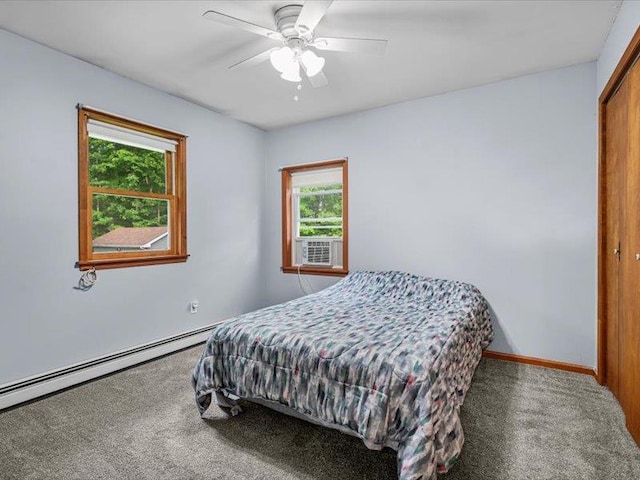 708 Kirbytown Rd, Middletown, NY 10940 - bedroom with carpet, a baseboard radiator, baseboards, a ceiling fan, and cooling unit