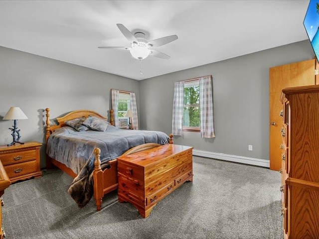 708 Kirbytown Rd, Middletown, NY 10940 - bedroom with carpet floors, a baseboard radiator, a ceiling fan, and baseboards