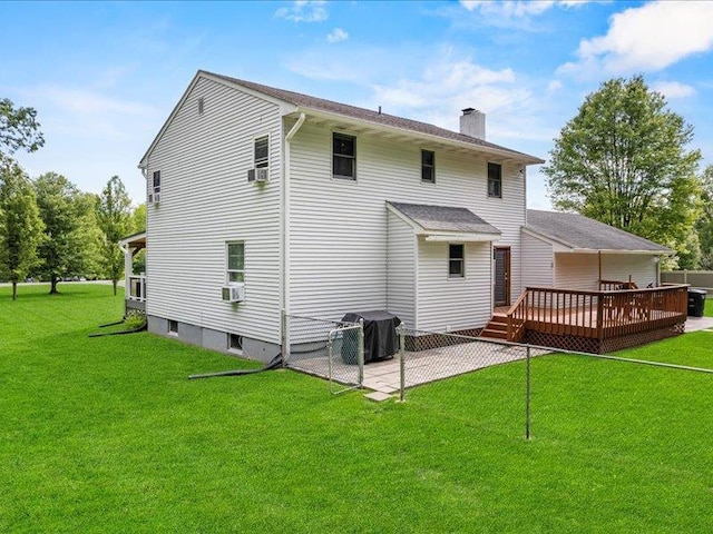 708 Kirbytown Rd, Middletown, NY 10940 - back of house featuring a chimney, a patio area, a wooden deck, and a lawn