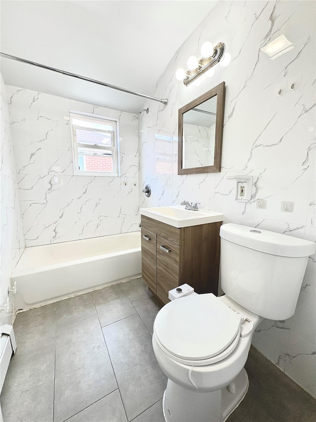 19623 56th Ave, Fresh Meadows, NY 11365 - full bath with vanity, tub / shower combination, baseboard heating, tile walls, and tile patterned flooring