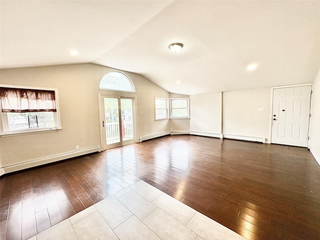 19623 56th Ave, Fresh Meadows, NY 11365 - empty room with a baseboard radiator, lofted ceiling, and dark wood-style floors