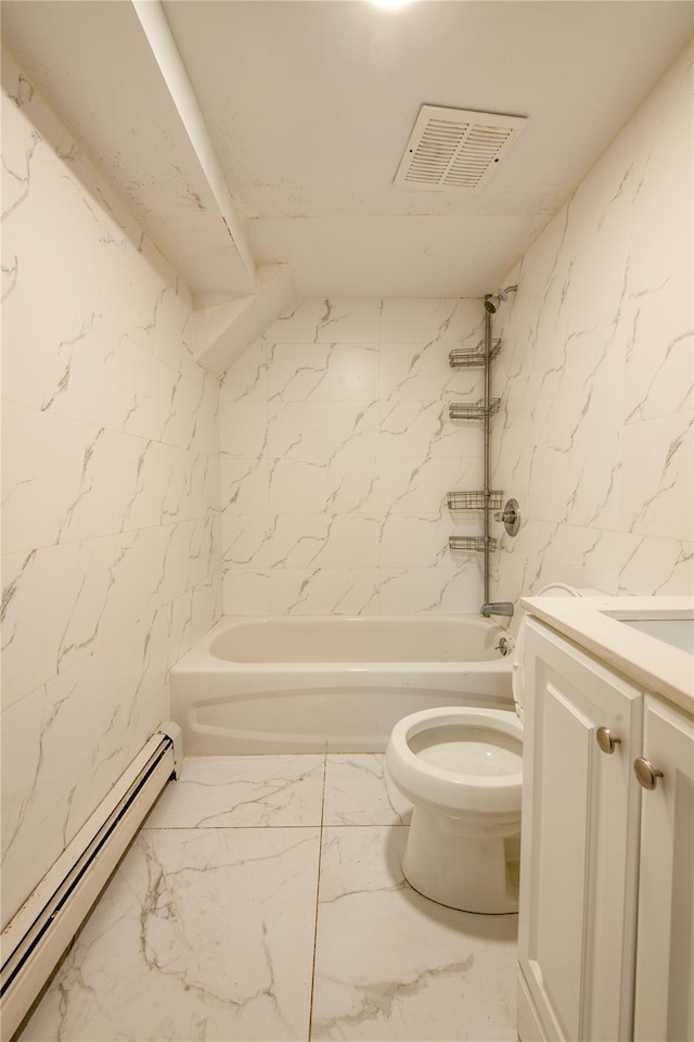 19623 56th Ave, Fresh Meadows, NY 11365 - bathroom featuring a baseboard radiator, vanity, tub / shower combination, and marble finish flooring