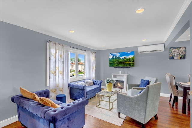 405 Miller Ave, Freeport, NY 11520 - living room featuring a wall mounted AC, ornamental molding, recessed lighting, wood finished floors, and baseboards
