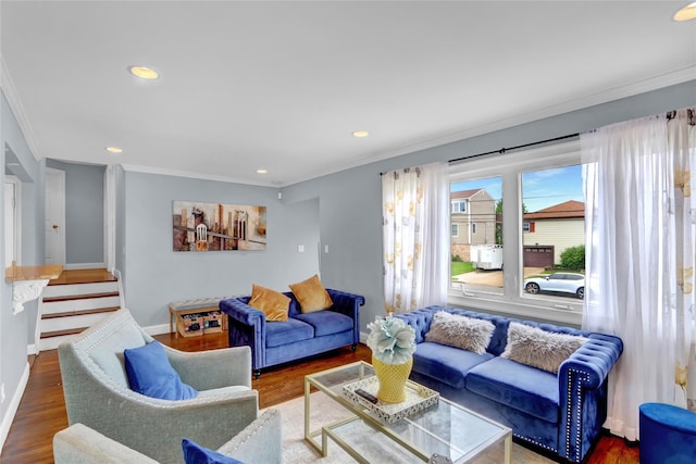 405 Miller Ave, Freeport, NY 11520 - living room with crown molding, wood finished floors, baseboards, recessed lighting, and stairway