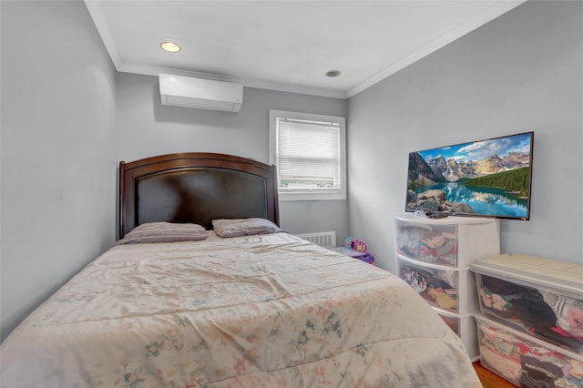 405 Miller Ave, Freeport, NY 11520 - bedroom with a wall unit AC, ornamental molding, recessed lighting, and wood finished floors