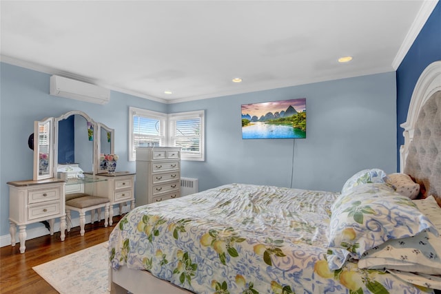 405 Miller Ave, Freeport, NY 11520 - bedroom featuring a wall mounted AC, radiator heating unit, crown molding, wood finished floors, and recessed lighting