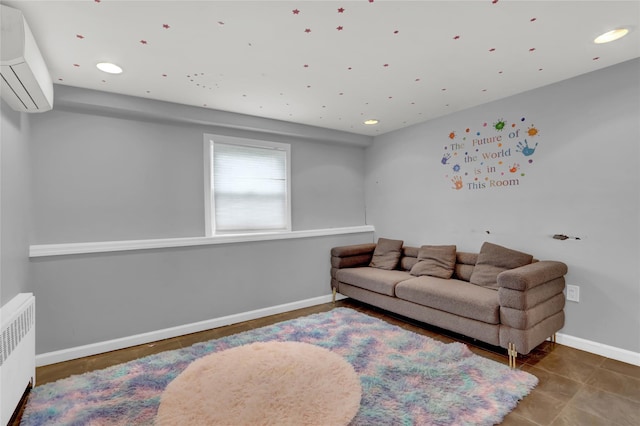 405 Miller Ave, Freeport, NY 11520 - living area featuring radiator heating unit, a wall mounted air conditioner, baseboards, recessed lighting, and tile patterned flooring