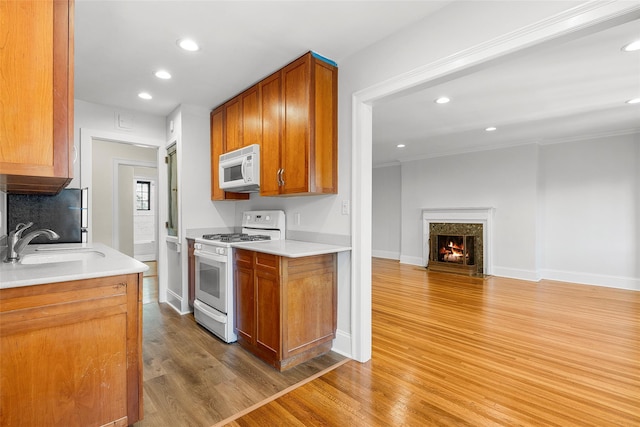 66 Milton Rd Unit C42, Rye, NY 10580 - kitchen with white appliances, a sink, light wood-style flooring, recessed lighting, and a fireplace with flush hearth