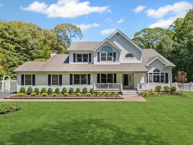 31 Inlet View Path, East Moriches, NY 11940 - colonial house with a porch, roof with shingles, a gate, and a chimney