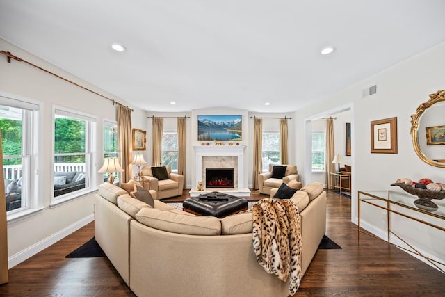 31 Inlet View Path, East Moriches, NY 11940 - living room with recessed lighting, dark wood finished floors, baseboards, and a fireplace