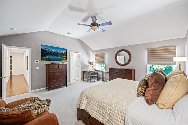 31 Inlet View Path, East Moriches, NY 11940 - bedroom featuring vaulted ceiling, carpet floors, a ceiling fan, and baseboards
