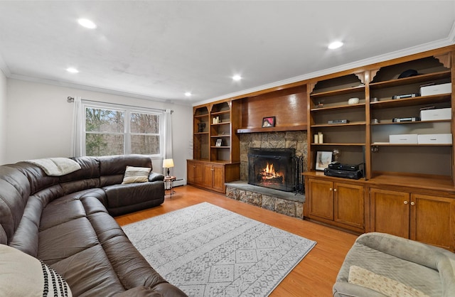123 E St, South Salem, NY 10590 - living area featuring ornamental molding, a fireplace, recessed lighting, light wood-style flooring, and baseboard heating