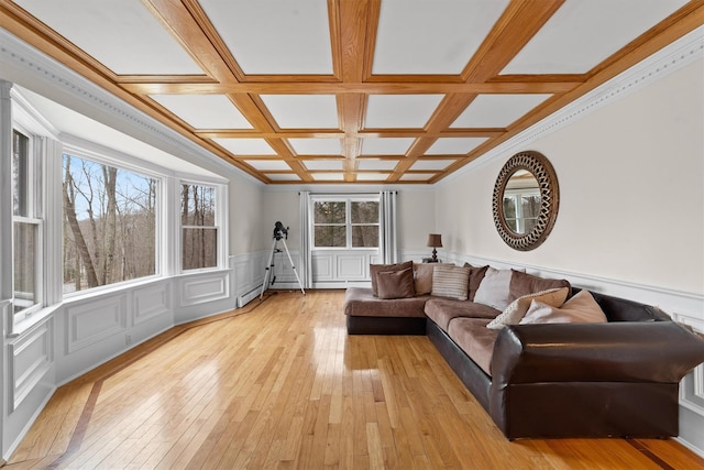 123 E St, South Salem, NY 10590 - living room with coffered ceiling, a wainscoted wall, light wood-style flooring, ornamental molding, and baseboard heating