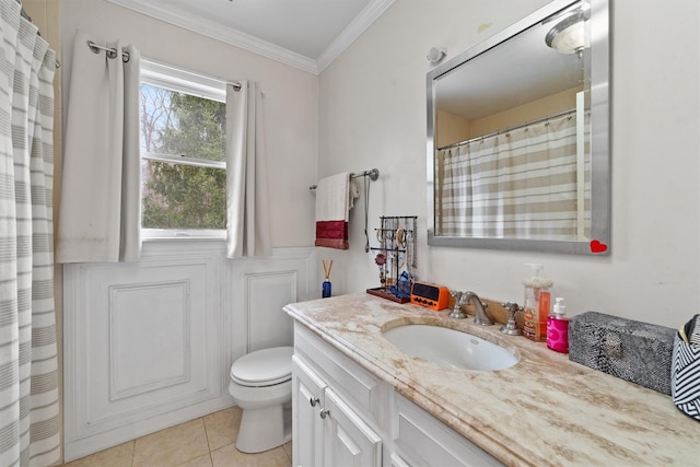 123 E St, South Salem, NY 10590 - bathroom featuring vanity, ornamental molding, tile patterned flooring, toilet, and a shower with curtain