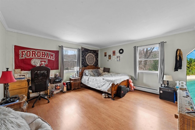 123 E St, South Salem, NY 10590 - bedroom with a baseboard heating unit, wood finished floors, crown molding, and an office area
