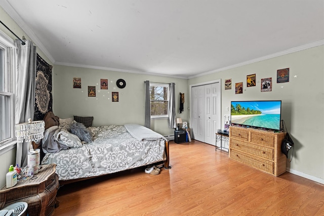 123 E St, South Salem, NY 10590 - bedroom featuring ornamental molding, wood finished floors, a closet, and baseboard heating