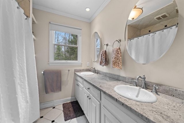 123 E St, South Salem, NY 10590 - full bath featuring double vanity, crown molding, tile patterned floors, curtained shower, and baseboards