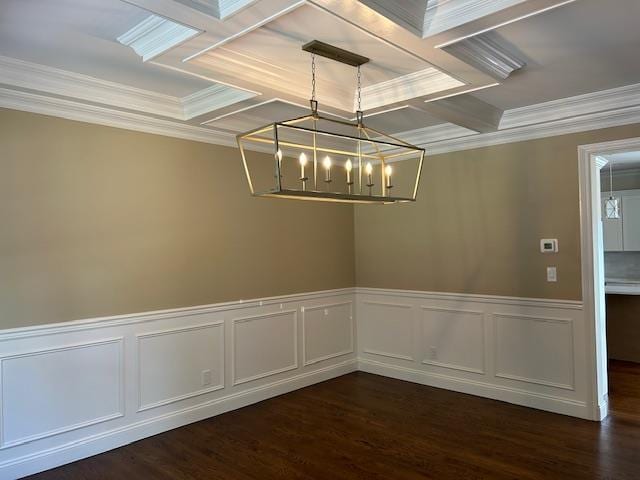 110B Louis St, Massapequa, NY 11758 - spare room featuring coffered ceiling, dark wood-style floors, a chandelier, ornamental molding, and a wainscoted wall