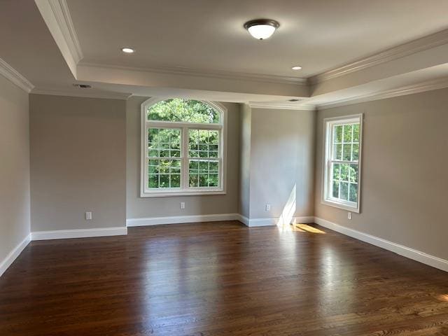 110B Louis St, Massapequa, NY 11758 - unfurnished room with a raised ceiling, crown molding, dark wood-type flooring, baseboards, and recessed lighting