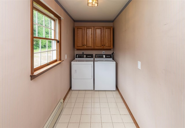 162 Lippincott Rd, Wallkill, NY 12589 - washroom featuring cabinet space, washer and dryer, a baseboard heating unit, and light tile patterned floors