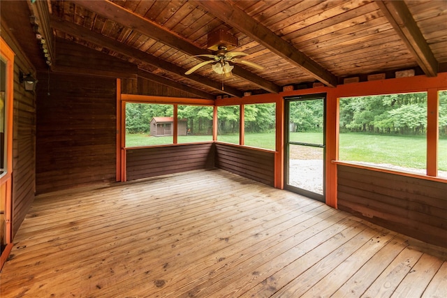 162 Lippincott Rd, Wallkill, NY 12589 - unfurnished sunroom featuring a ceiling fan, wood-type flooring, wood ceiling, wooden walls, and a wooden deck