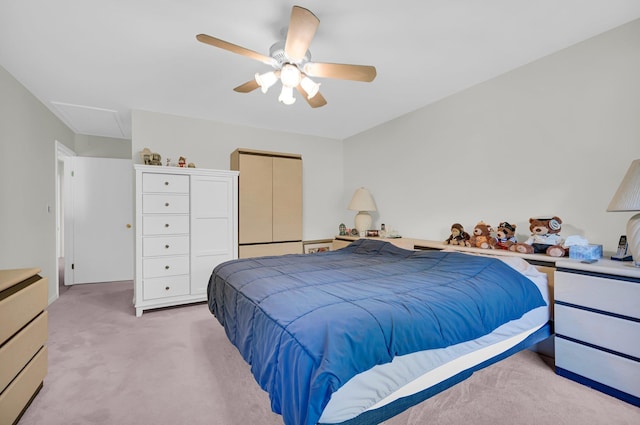 48 Old Lake Rd, Congers, NY 10920 - bedroom with light colored carpet, a ceiling fan, and attic access